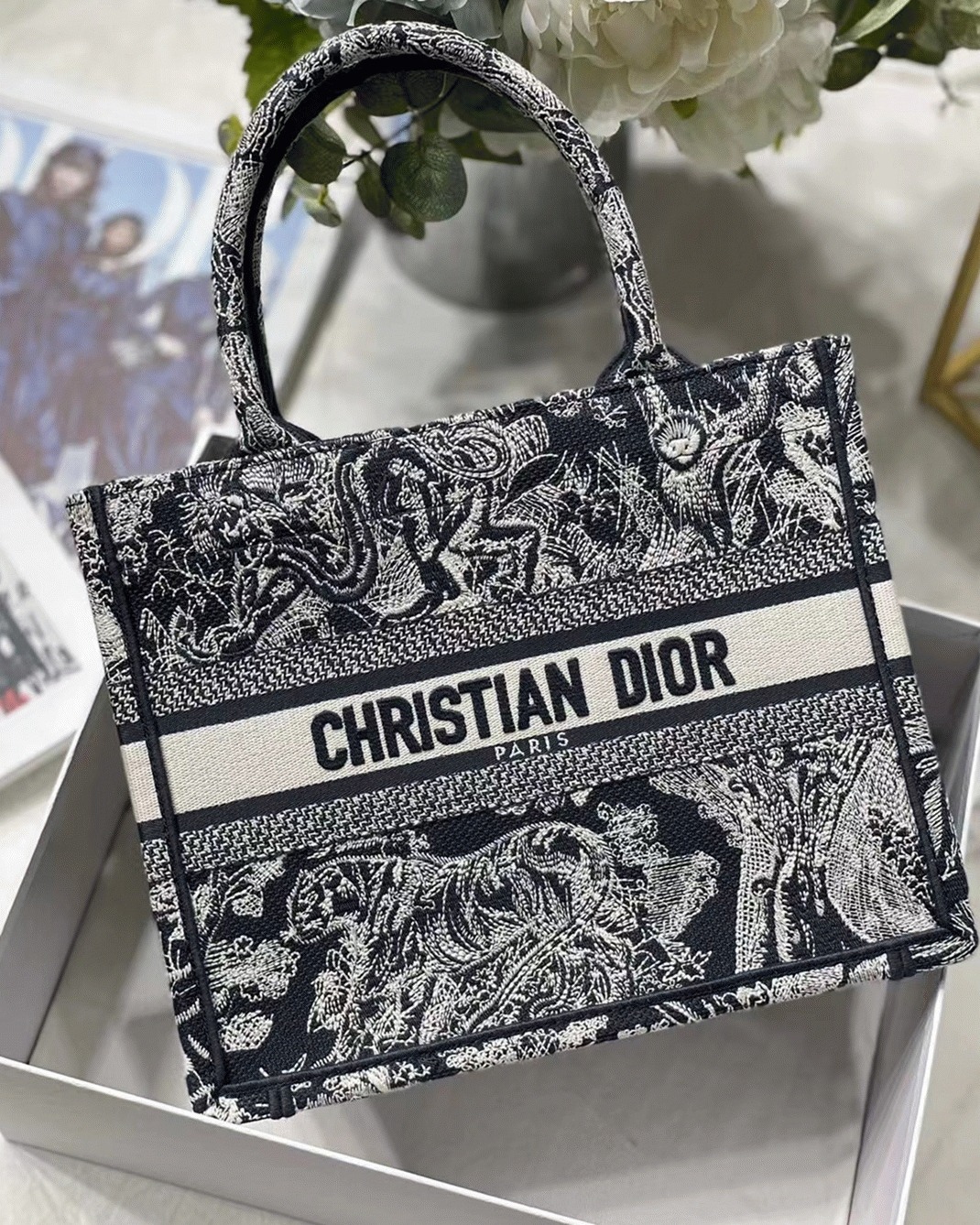 D10r Small Book Tote Bag Knockoff in Blue Toile de Jouy Reverse Embroidery