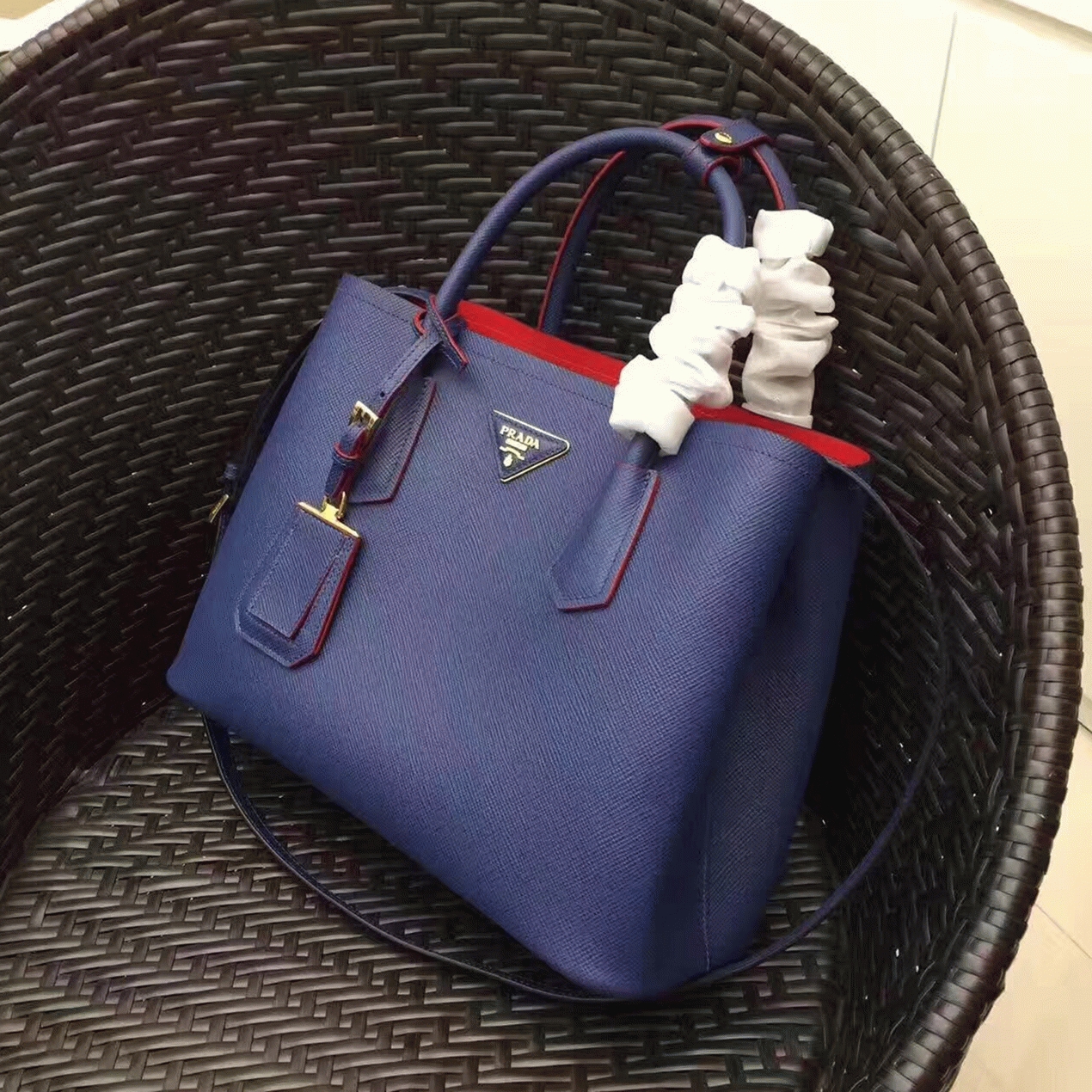 Blue Pra*a Double Medium Tote Bag Replica