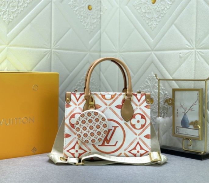 L0vis Vvtt0n LV By The Pool Monogram Tiles Canvas Onthego PM Tote In Coral