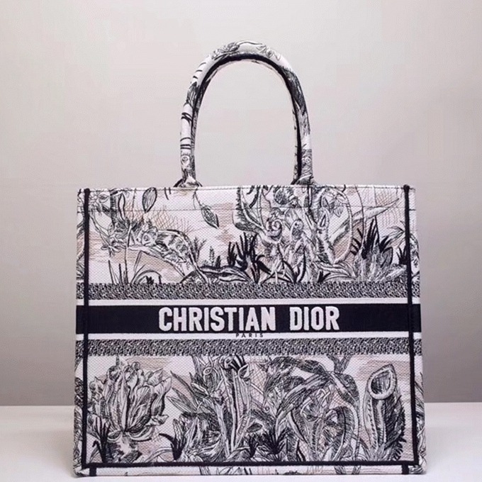 D10r Large Book Tote Bag Fake in Toile de Jouy Carnivora Motif