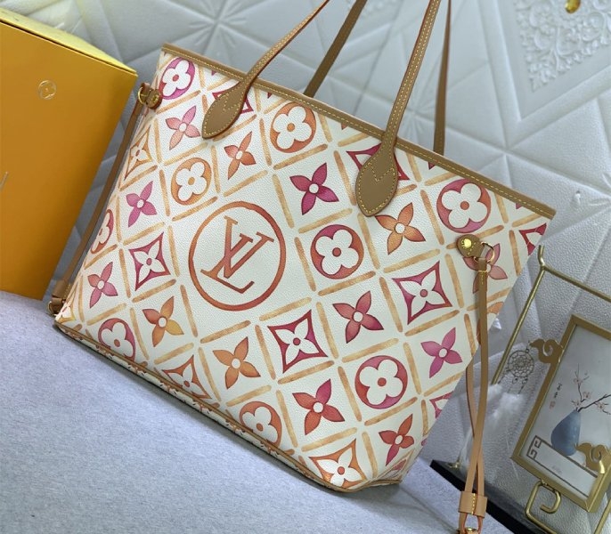 L0vis Vvtt0n LV By The Pool Monogram Tiles Canvas Neverfull MM Tote In Coral