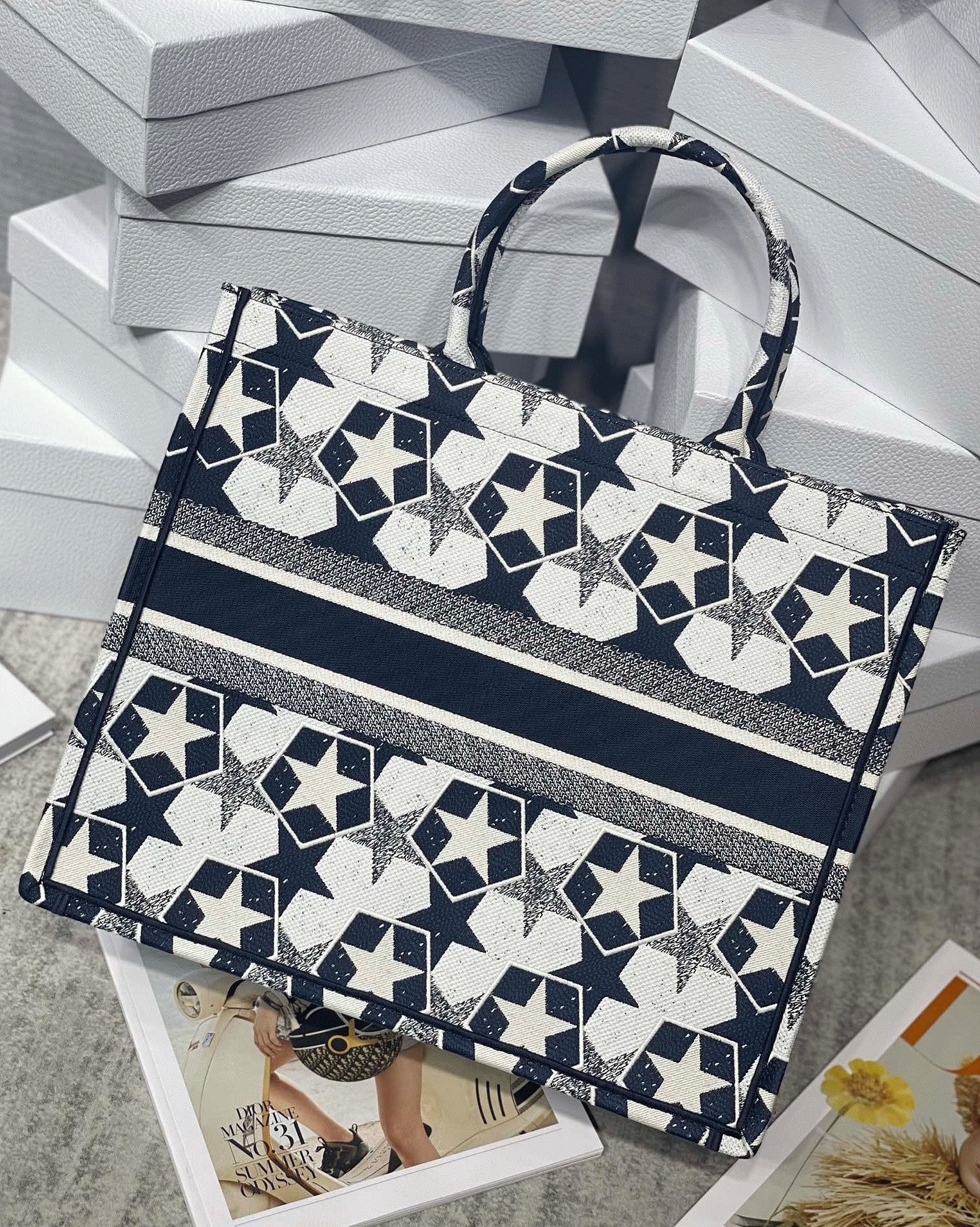 D10r Large Book Tote Bag Knockoff in Blue and White D10r Etoile Embroidery
