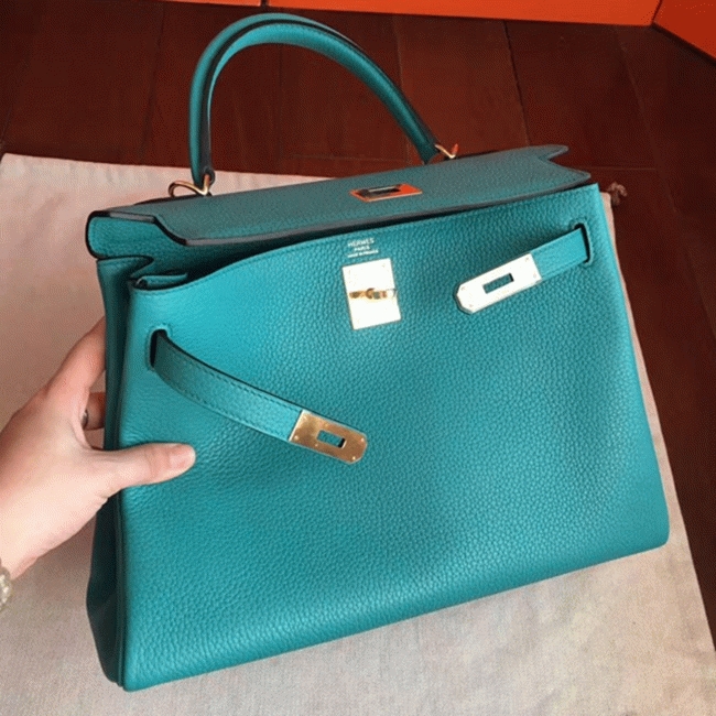 Blue Paon Clemence Fake H**me5 Kelly Retourne 32cm Handbag