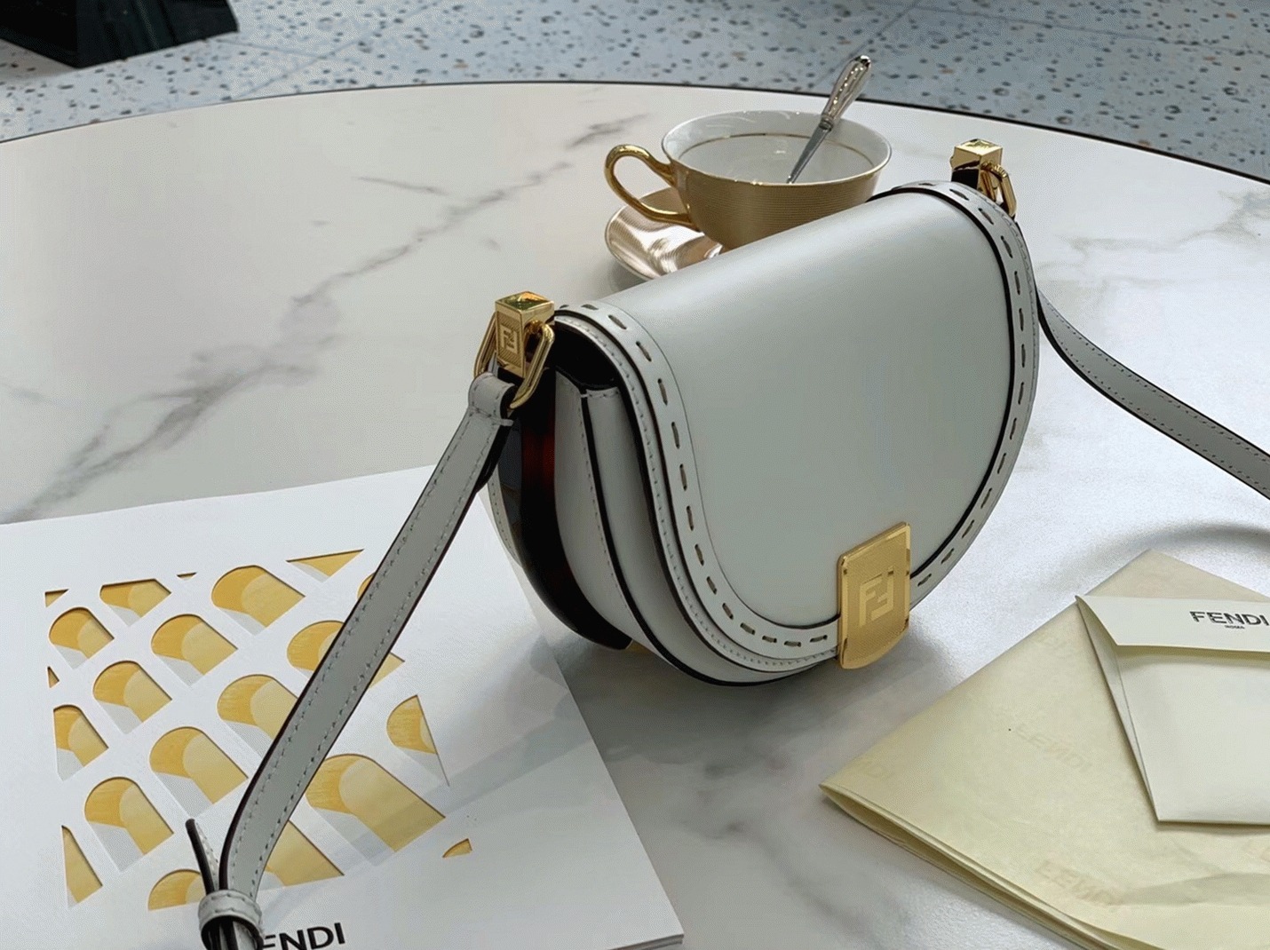 Top Quality Faux F**di Moonlight Saddle Bag In White Calfskin