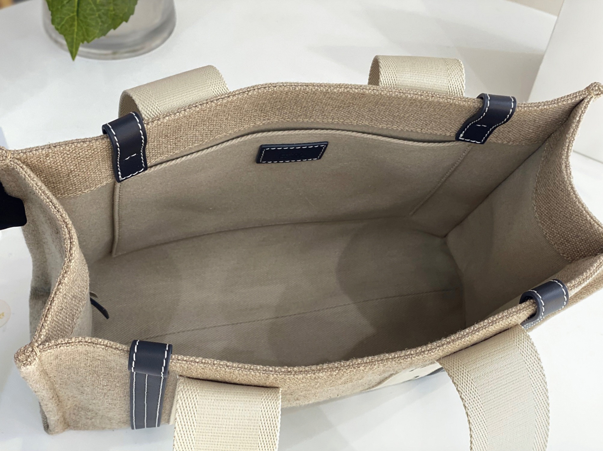 top quality faux Ch10e woody medium tote bag in linen canvas with navy blue leather