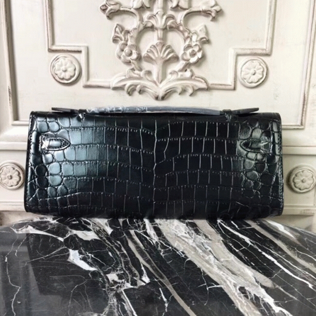 Black Crocodile Replica H**me5 Kelly Cut Clutch Exotic Skin Bag