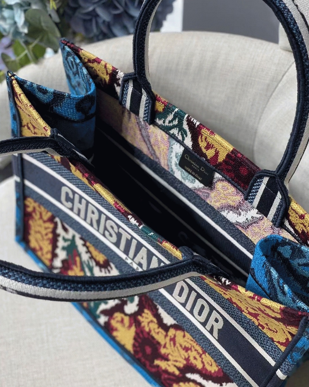 D10r Medium Book Tote Bag Replica in Blue Multicolor D10r Paisley Embroidery