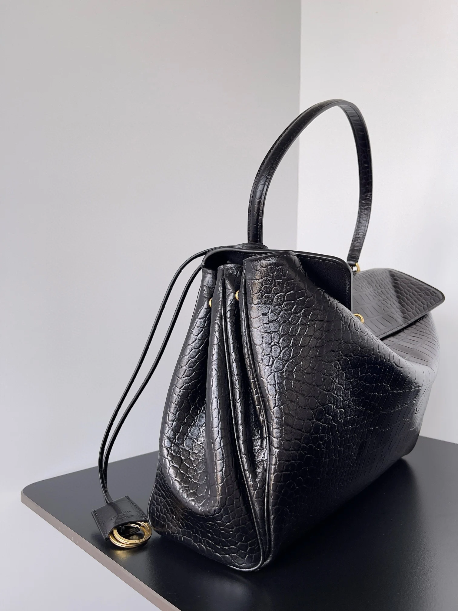 Knockoff Ba1en*iaga Rodeo Large Bag Black Crocodile Embossed Calfskin
