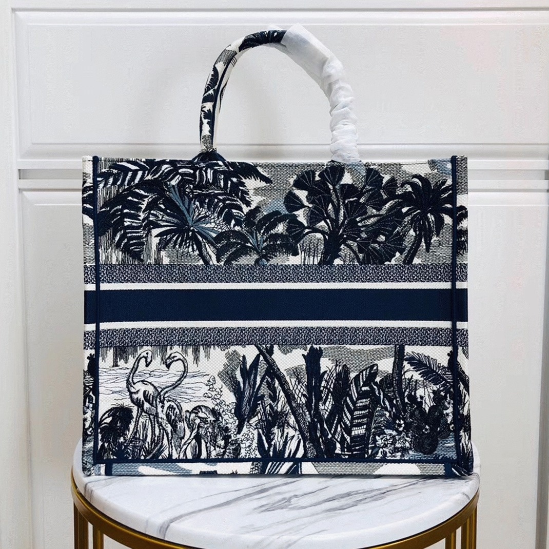 D10r Large Book Tote Bag Replica in Blue Palm Tree Toile de Jouy Embroidery