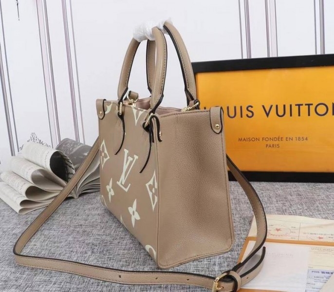 L0vis Vvtt0n Bicolor Monogram Empreinte Leather Onthego PM Bag In Tourterelle Gray And Cream
