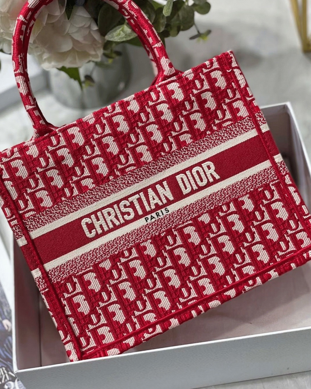 D10r Small Book Tote Bag Fake in Burgundy D10r Oblique Embroidery