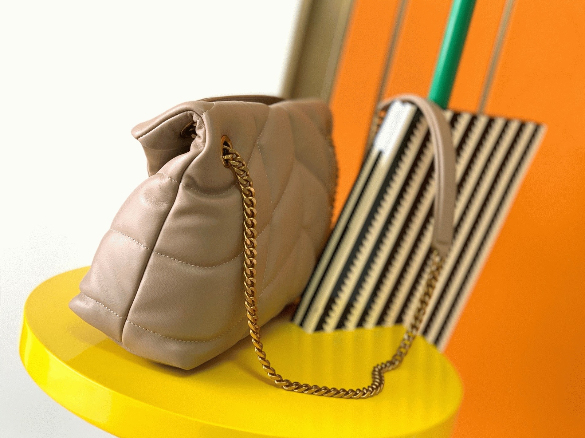 Replica Sa1nt Lau*nt Puffer Small Chain Bag Beige Lambskin