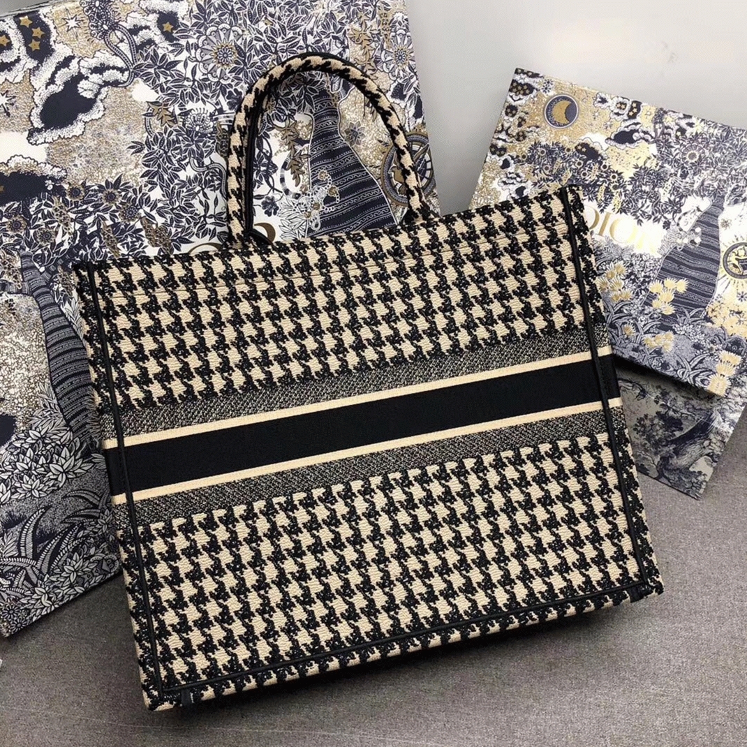 D10r Large Book Tote Bag Replica in Beige Houndstooth Embroidery Canvas