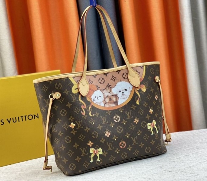 L0vis Vvtt0n Monogram Canvas Neverfull MM Tote With Puppies