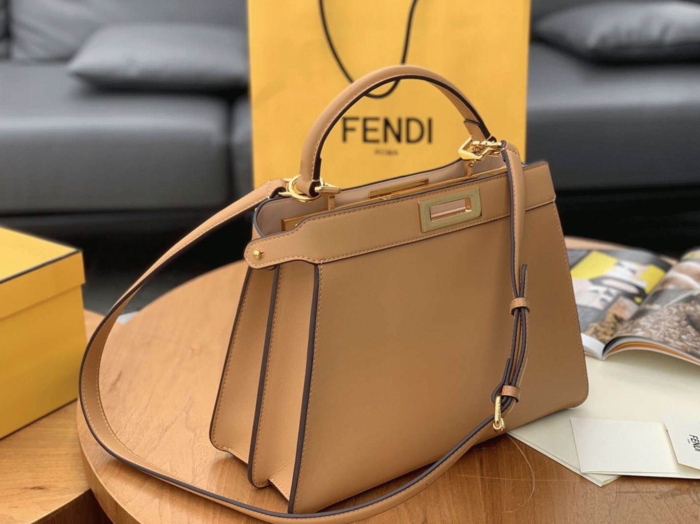 Top Quality Fake F**di Peekaboo ISeeU Medium Bag In Beige Calfskin