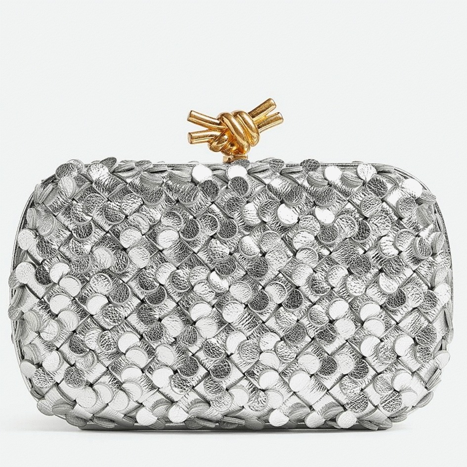 Replica B0tt*ga Ven*ta Knot Minaudiere Clutch Silver Sequins