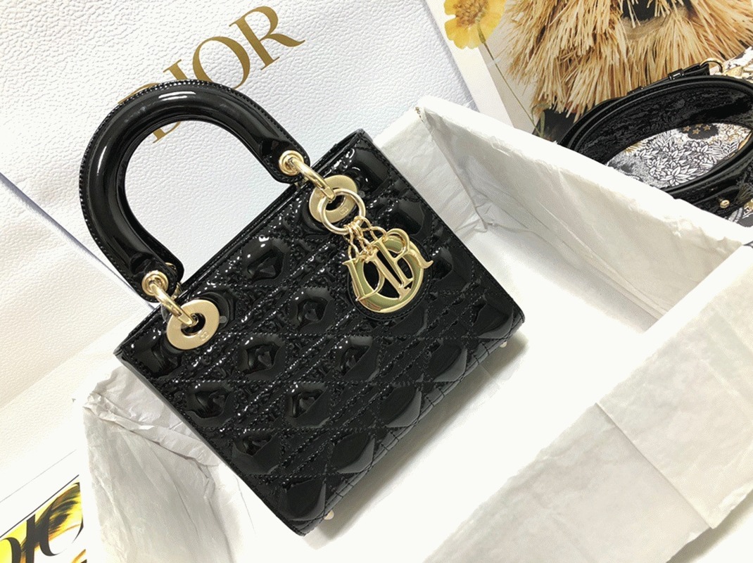 D10r Small Lady D10r Bag Knockoff in Black Patent Cannage Calfskin