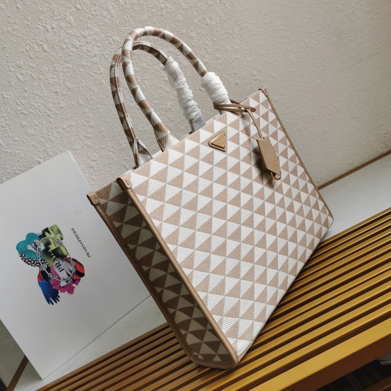 Pra*a Symbole Small Bag Fake in Beige/White Jacquard Fabric