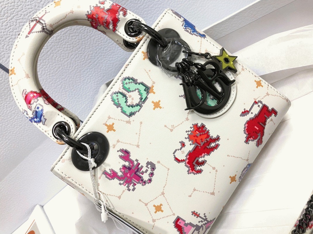 D10r Lady D10r Mini Bag Fake in White Calfskin with Pixel Zodiac Print