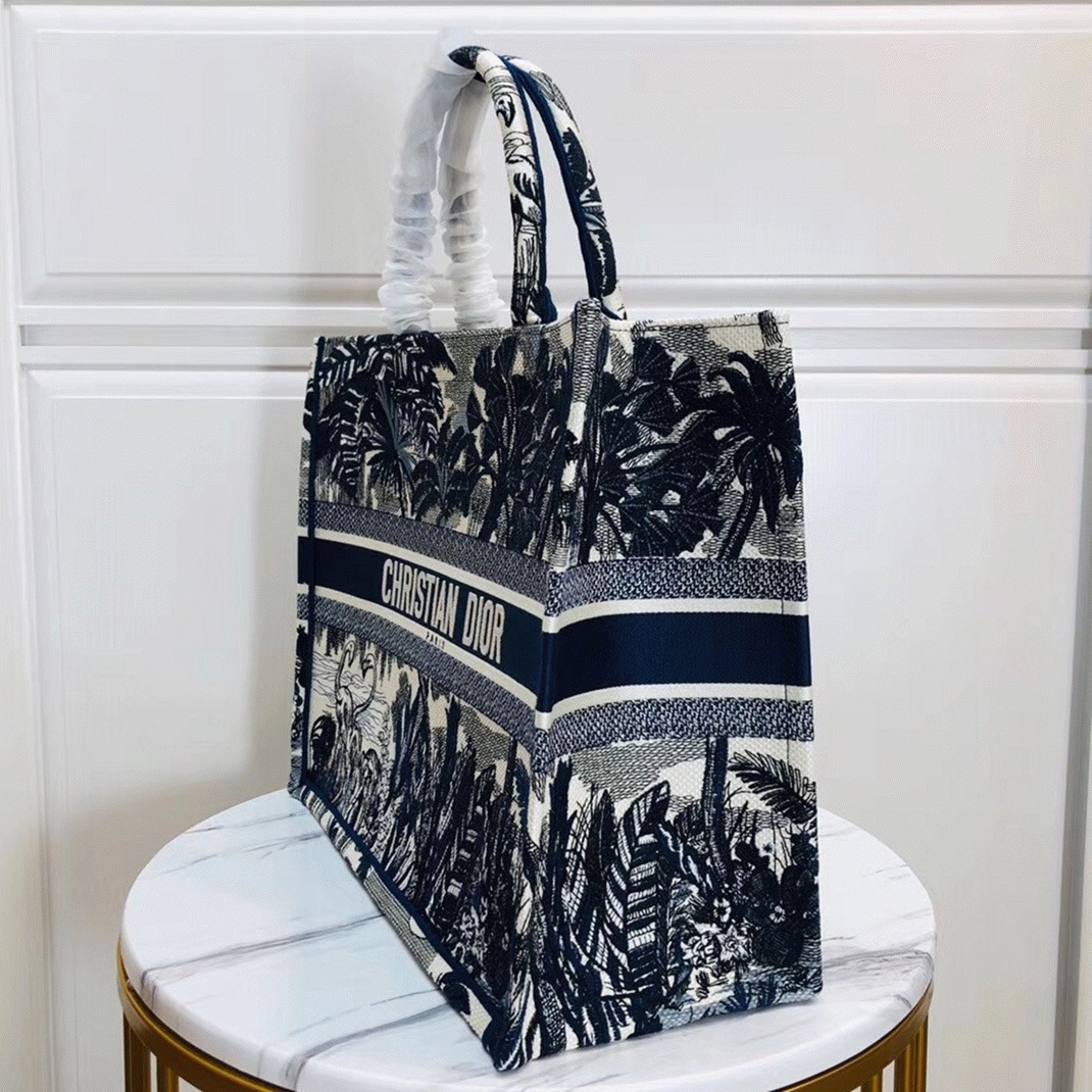 D10r Large Book Tote Bag Replica in Blue Palm Tree Toile de Jouy Embroidery