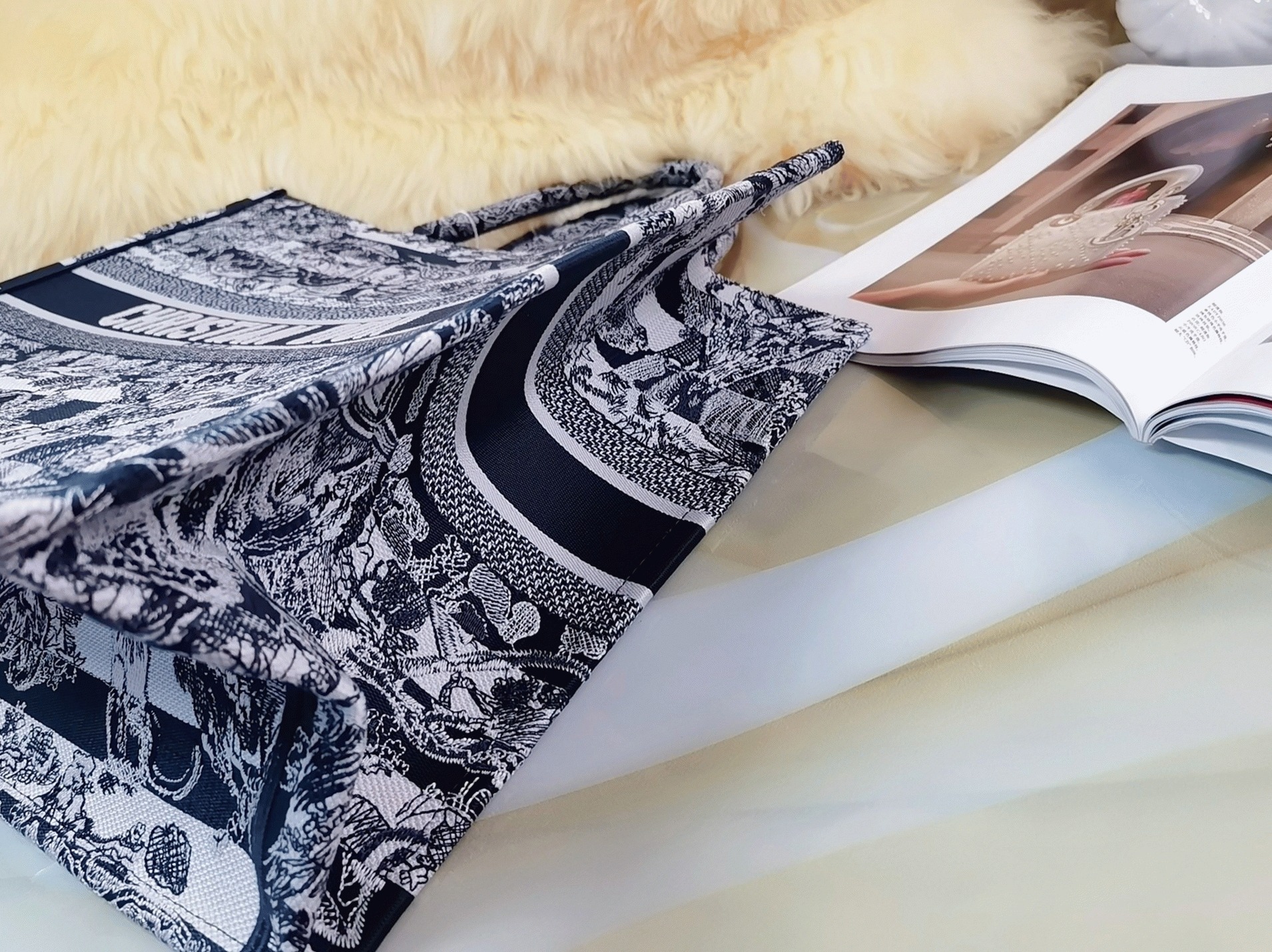 D10r Large Book Tote Bag Fake in Blue Toile de Jouy Stripes Embroidery