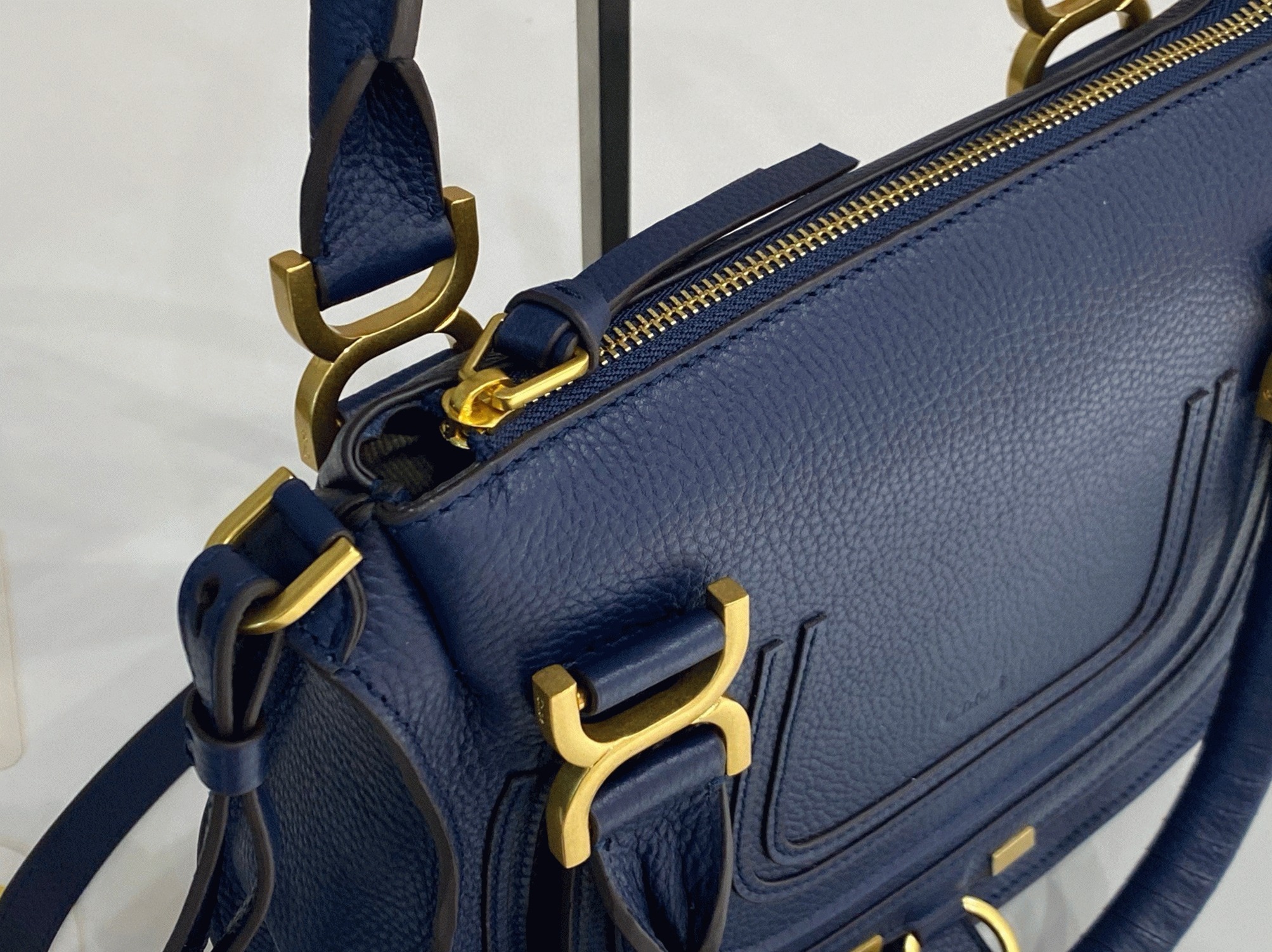 top quality fake Ch10e marcie small double carry bag in blue grained leather