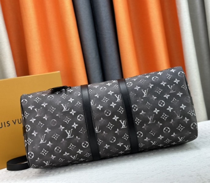 L0vis Vvtt0n Brushed Monogram Leather Keepall Bandouliere 50 In Black