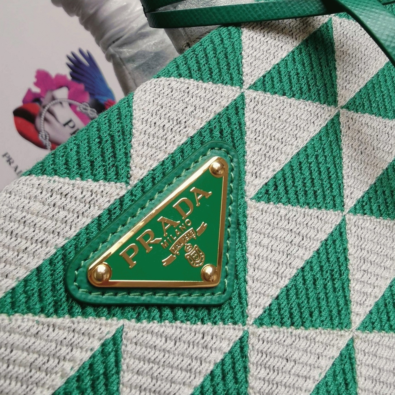 Pra*a Symbole Small Bag Replica in Green/White Jacquard Fabric