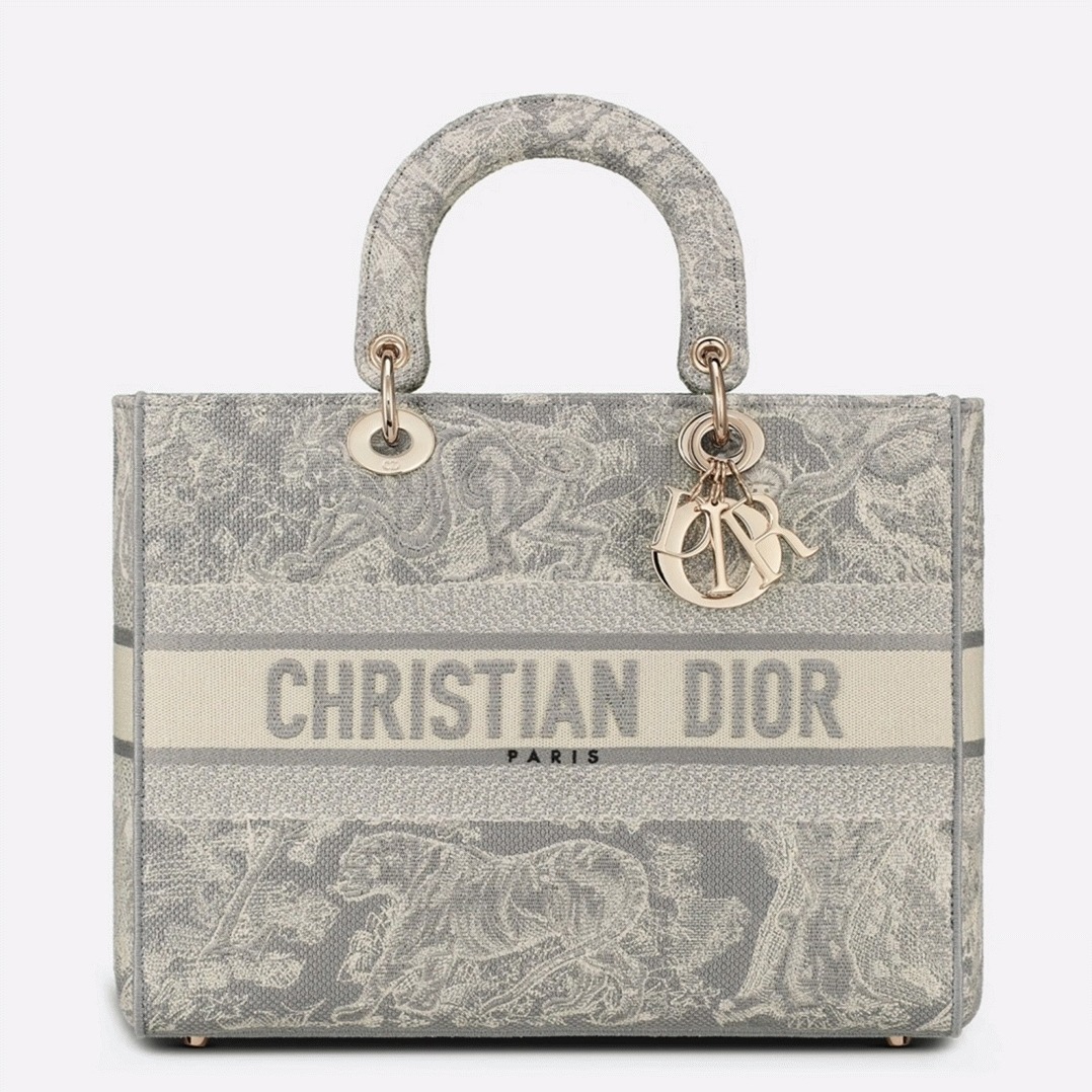 D10r Lady D-Lite Large Bag in Gray Toile de Jouy Reverse Embroidery
