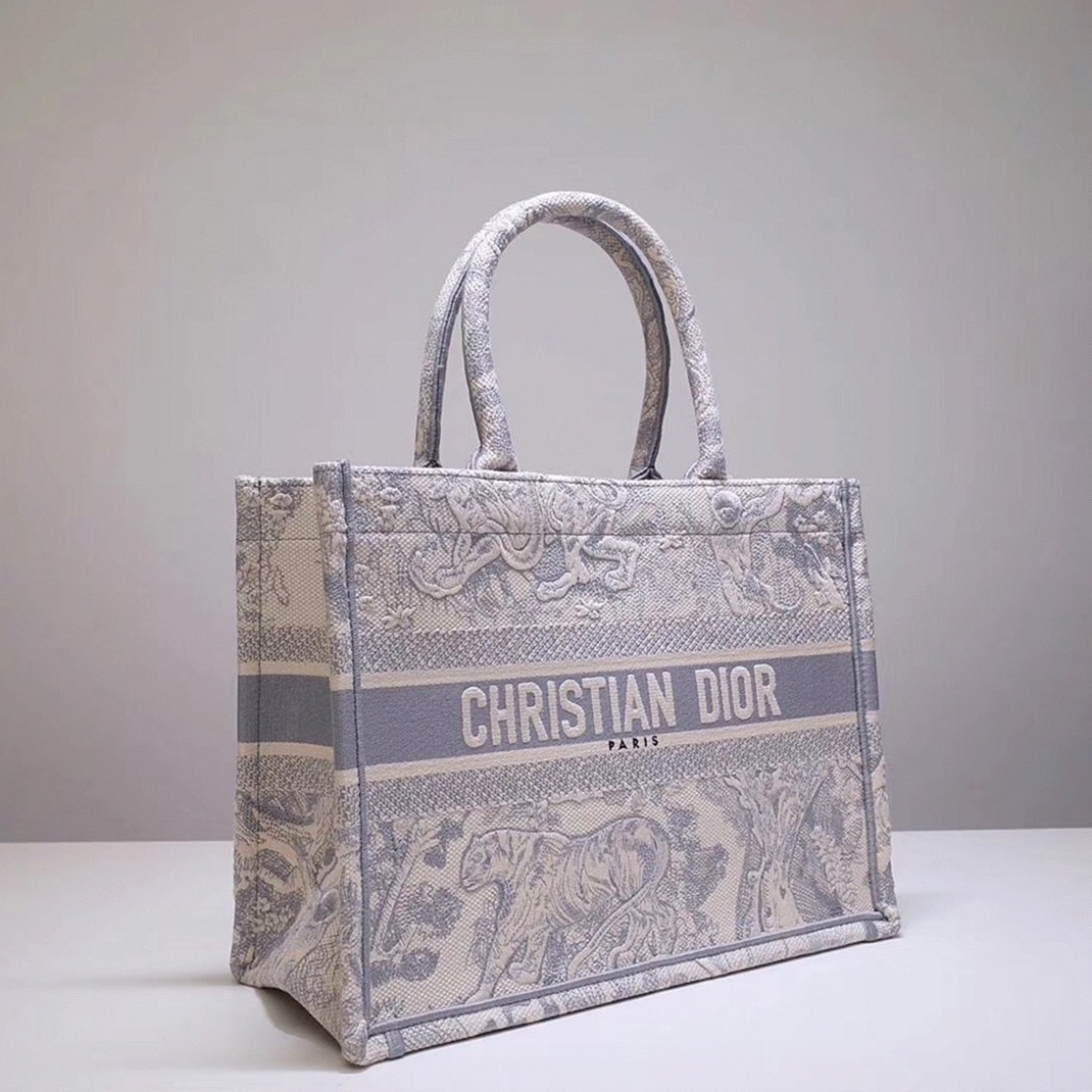 D10r Medium Book Tote Bag Fake in Grey Toile De Jouy Embroidery