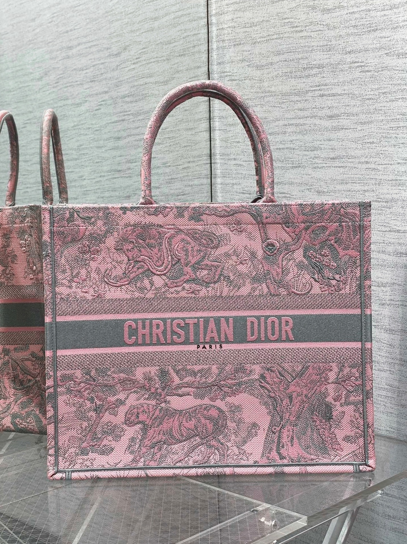 D10r Large Book Tote Bag Fake in Pink and Gray Toile de Jouy Sauvage Embroidery