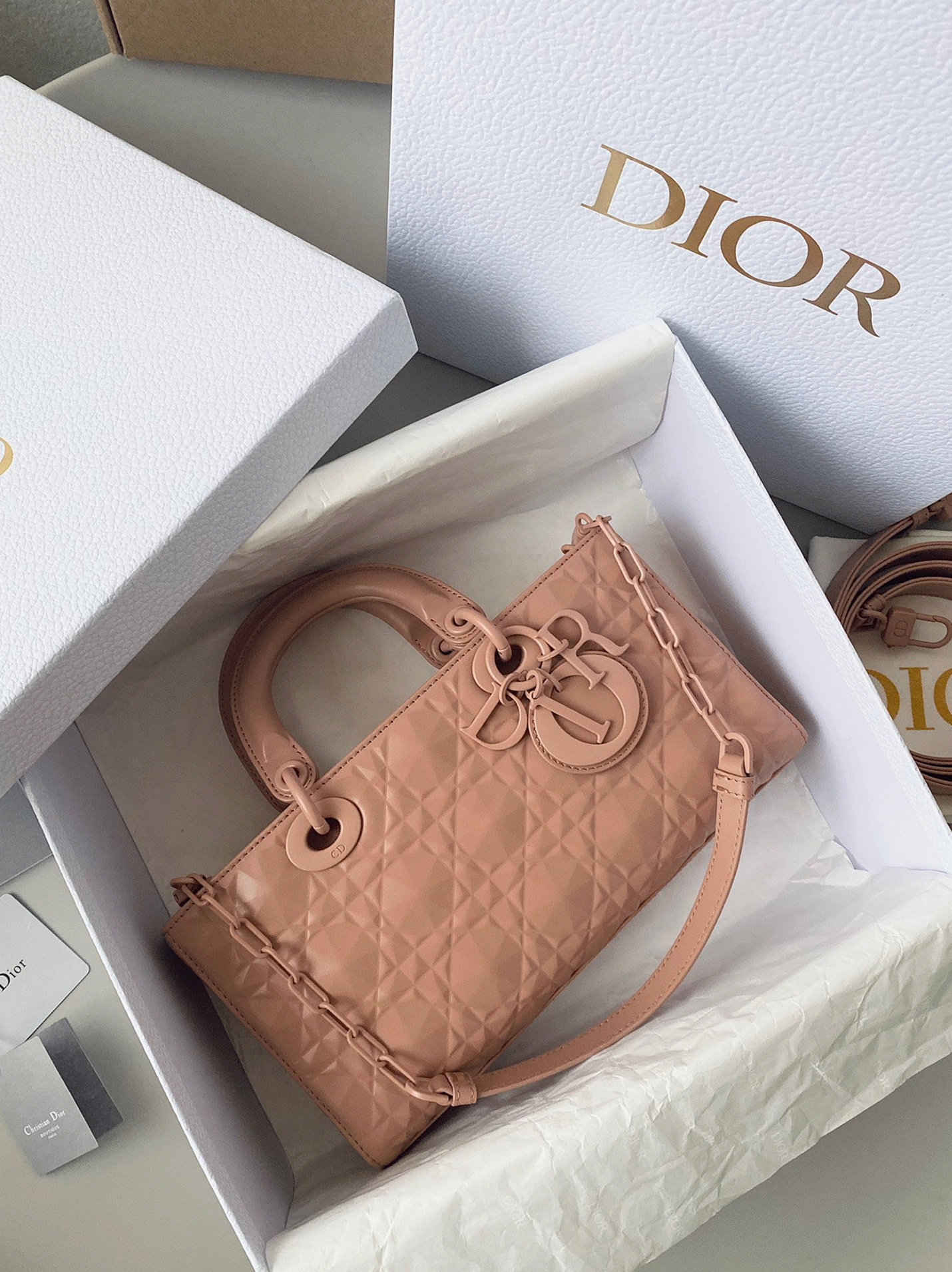 D10r Lady D-Joy Medium Bag Faux in Nude Calfskin with D1am0nd Motif