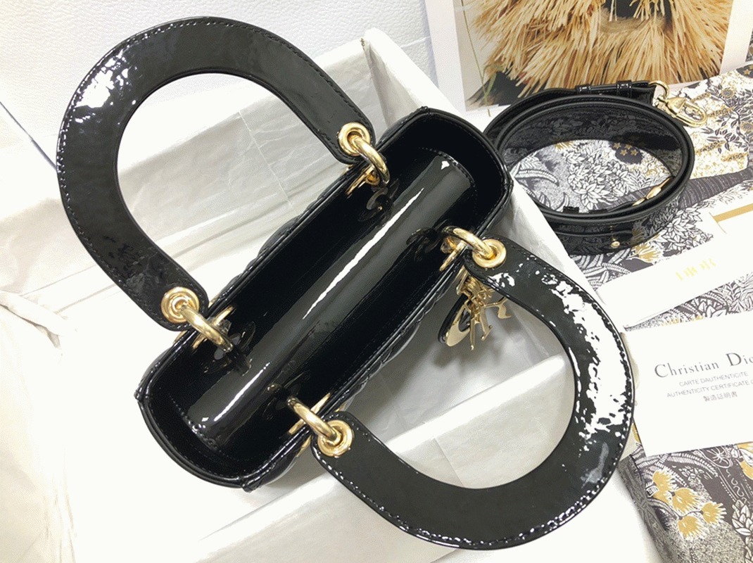 D10r Small Lady D10r Bag Knockoff in Black Patent Cannage Calfskin