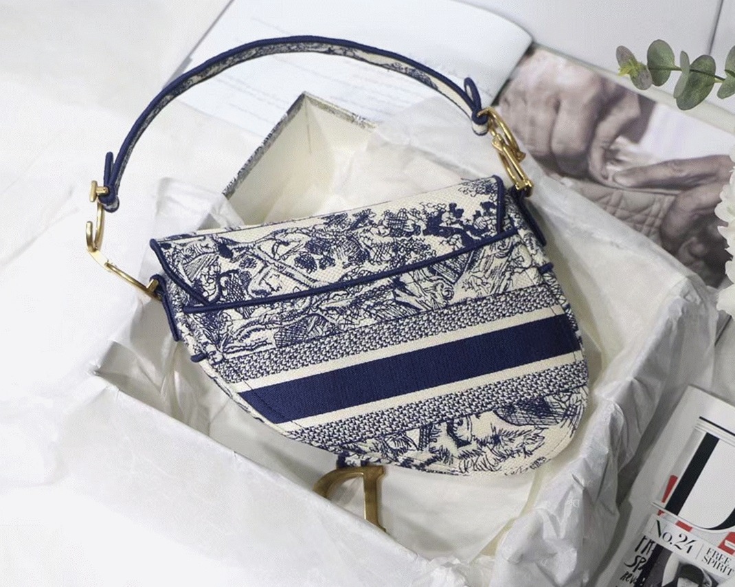 D10r Saddle Bag Replica in Blue Toile de Jouy Embroidery