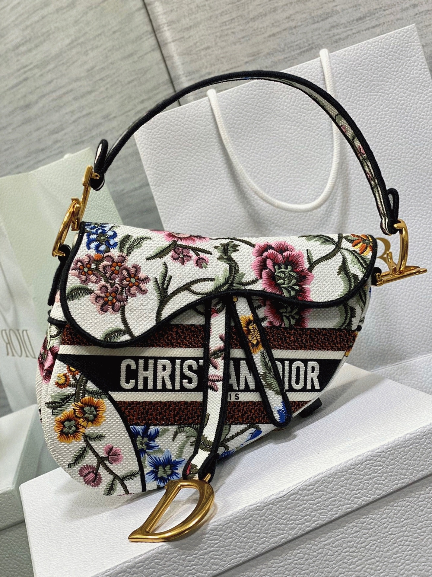 D10r Saddle Bag Fake in White Multicolor D10r Petites Fleurs Embroidery