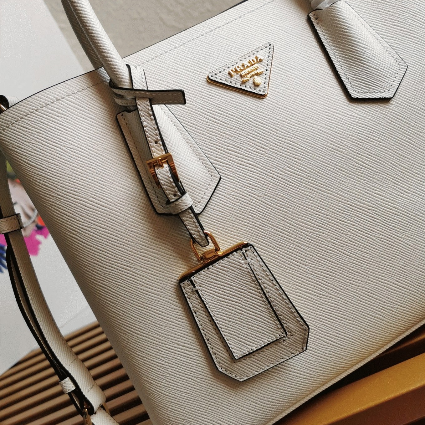 White Pra*a Double Medium Tote Bag Knockoff
