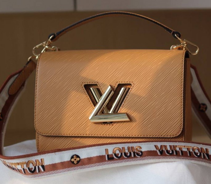 L0vis Vvtt0n Epi Leather Twist MM Bag With Jacquard Strap In Honey Gold