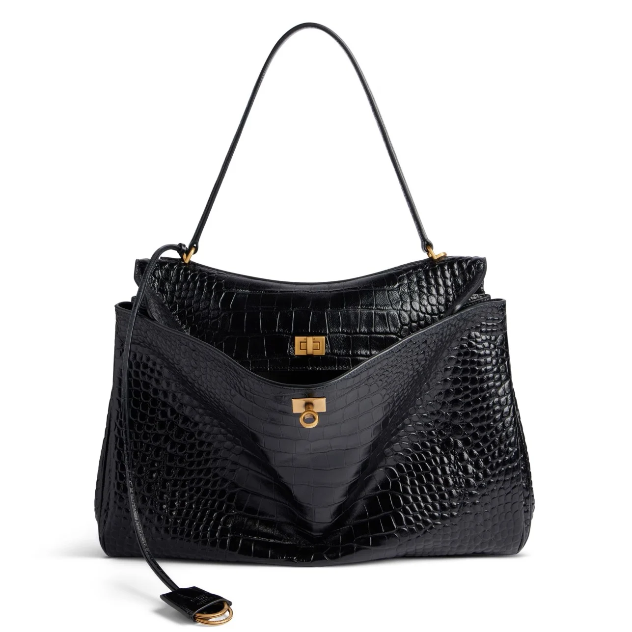 Knockoff Ba1en*iaga Rodeo Large Bag Black Crocodile Embossed Calfskin