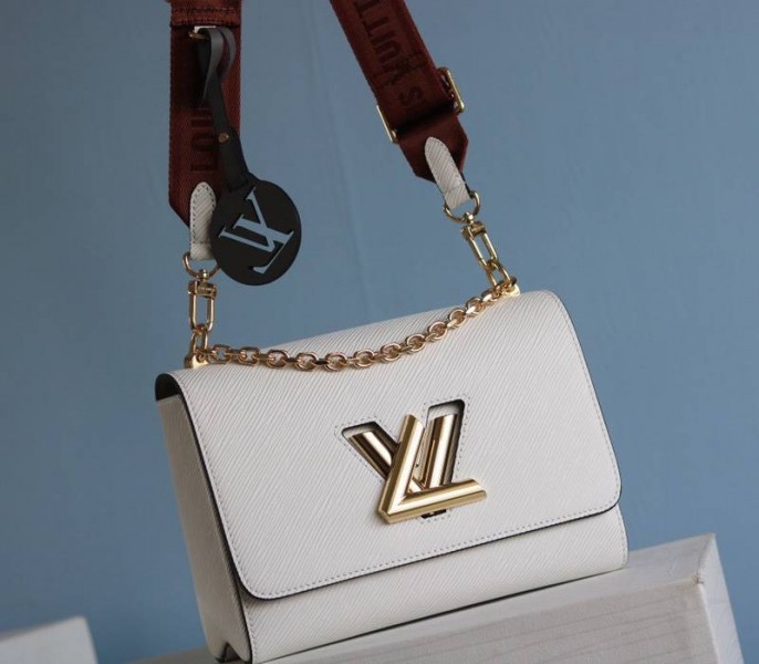 L0vis Vvtt0n Epi Leather Twist MM Bag In Optic White With Jacquard Strap