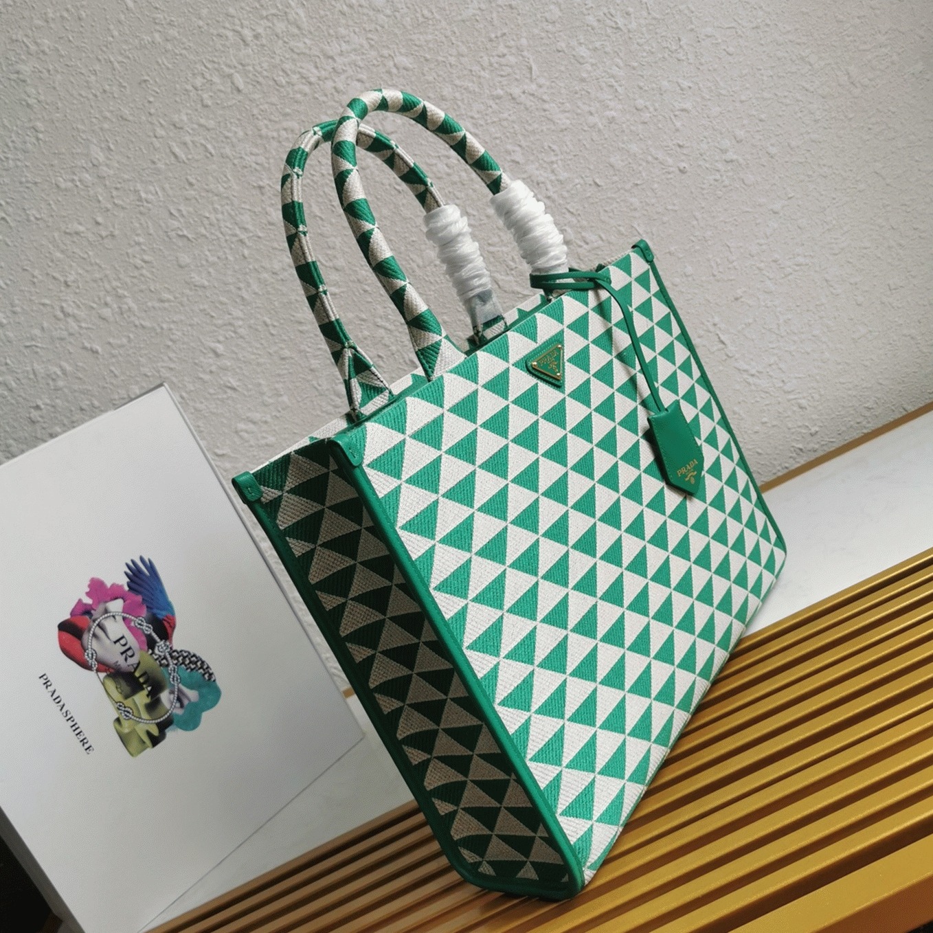 Pra*a Symbole Large Bag Fake in Green/White Jacquard Fabric