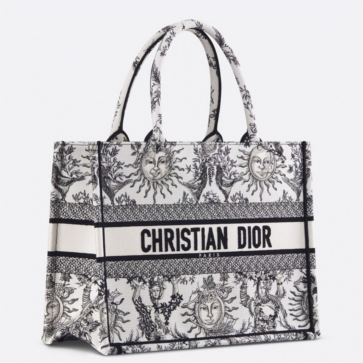 D10r Large Book Tote Bag Fake in White Toile de Jouy Soleil Embroidery