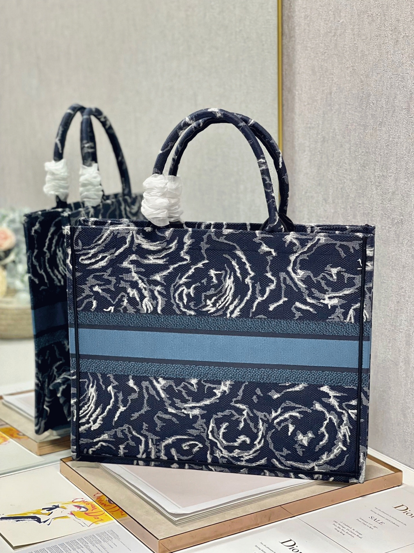 D10r Large Book Tote Bag Replica in Blue D10r Roses Embroidery