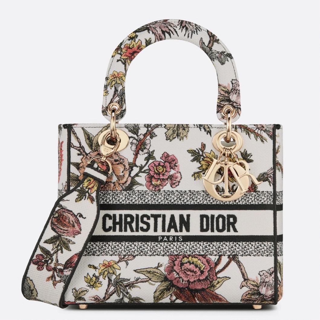 D10r Lady D-Lite Medium Bag Fake in White Jardin Botanique Embroidery