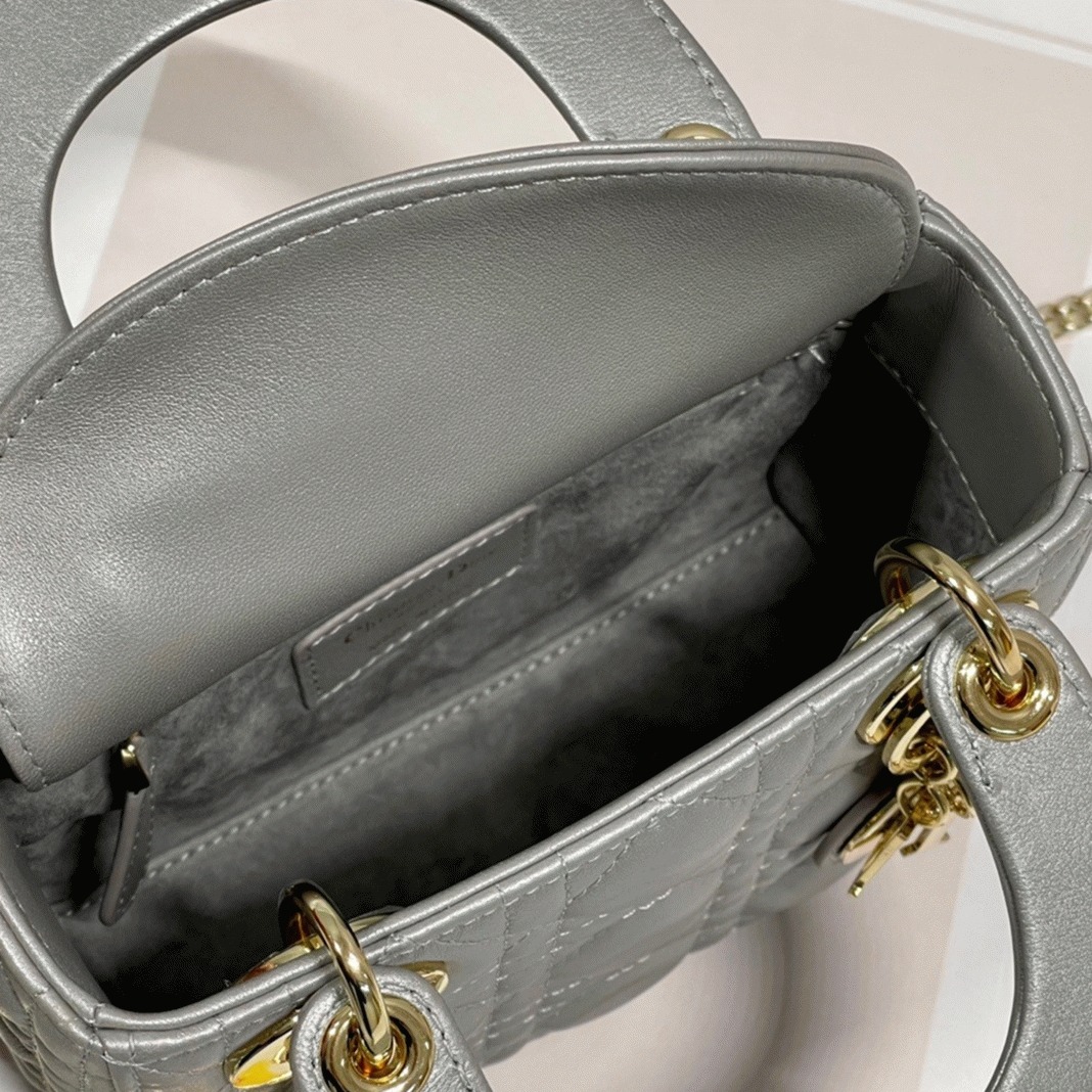 D10r Lady D10r Mini Chain Bag Replica in Grey Pearlescent Lambskin