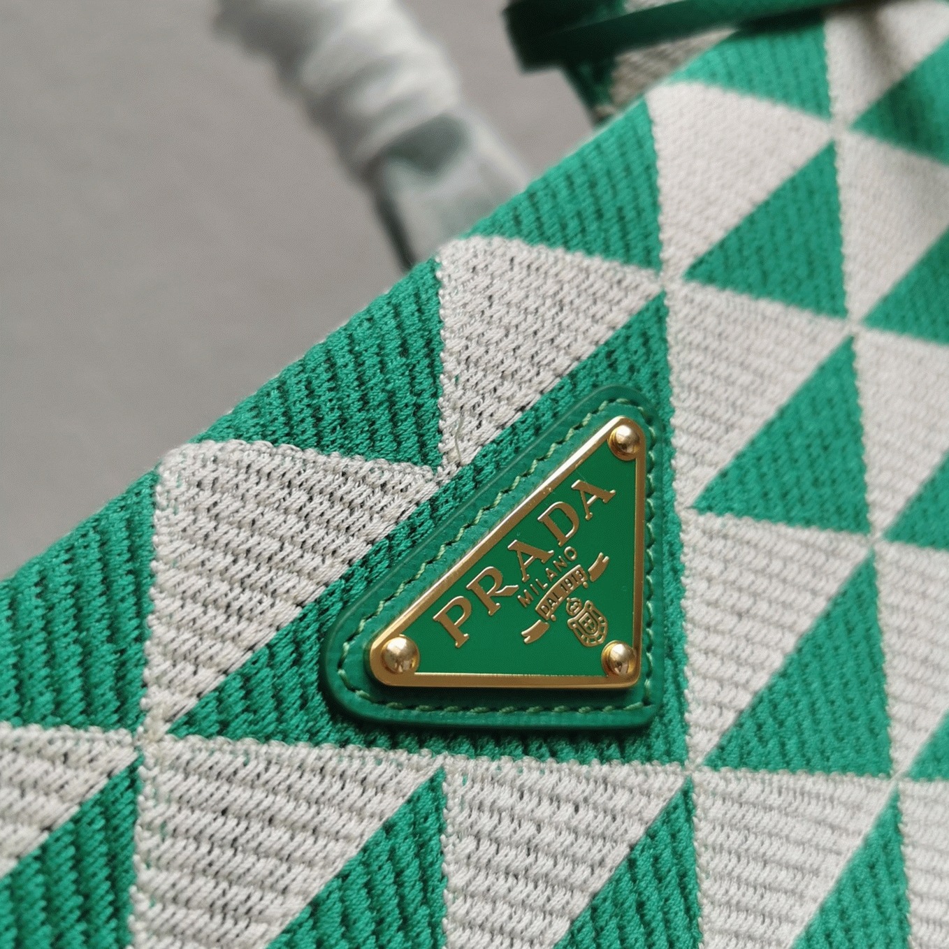 Pra*a Symbole Large Bag Fake in Green/White Jacquard Fabric