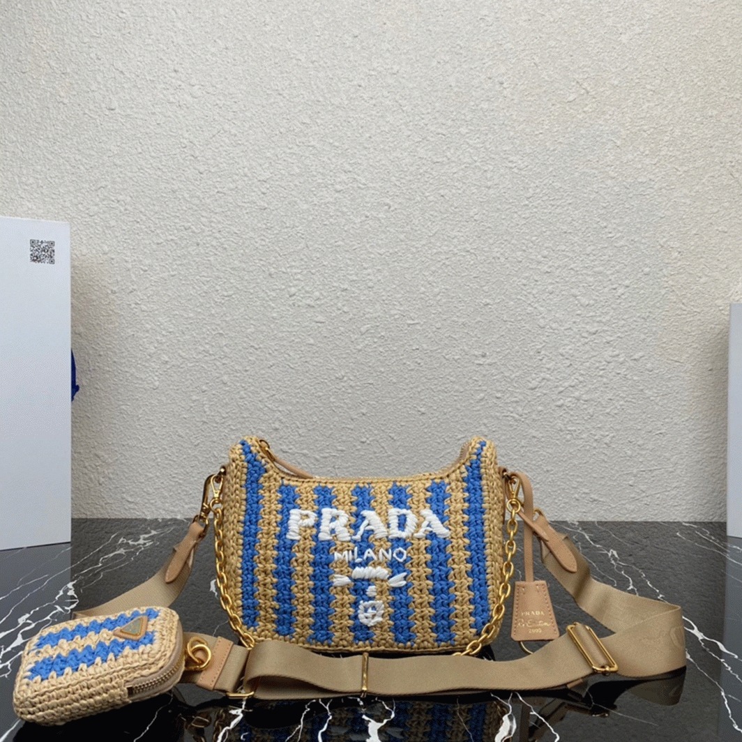 Pra*a Re-Edition Bag Fake in Beige and Blue Stripe
