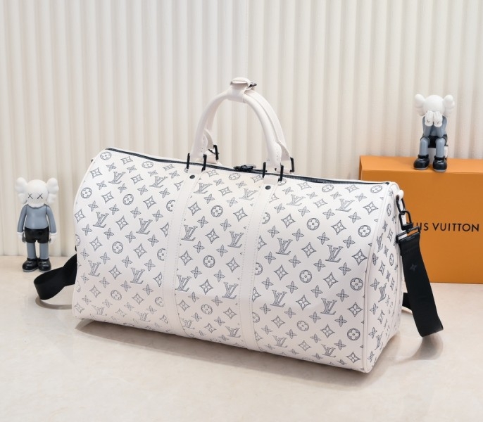LV Monogram Shadow Keepall Bandouliere 50 In White