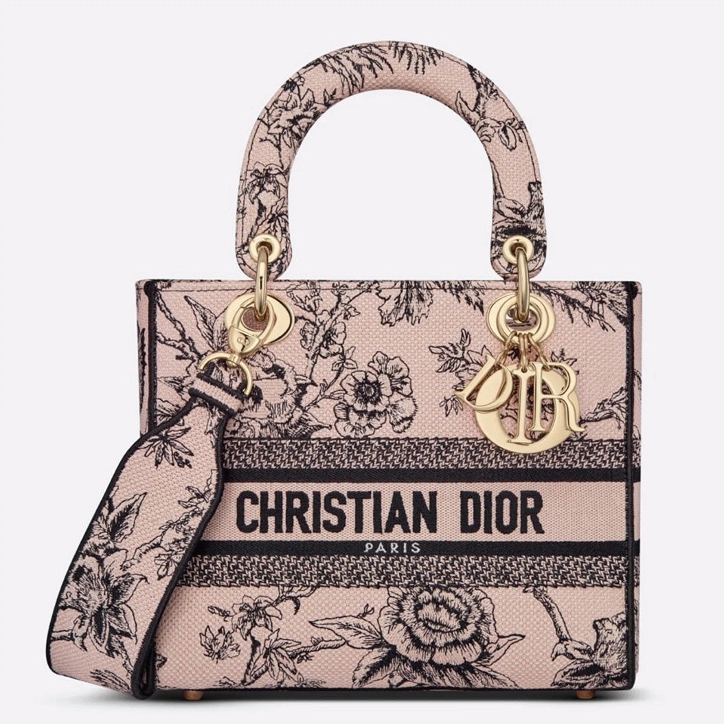 D10r Lady D-Lite Medium Bag Knockoff in Powder Jardin Botanique Embroidery