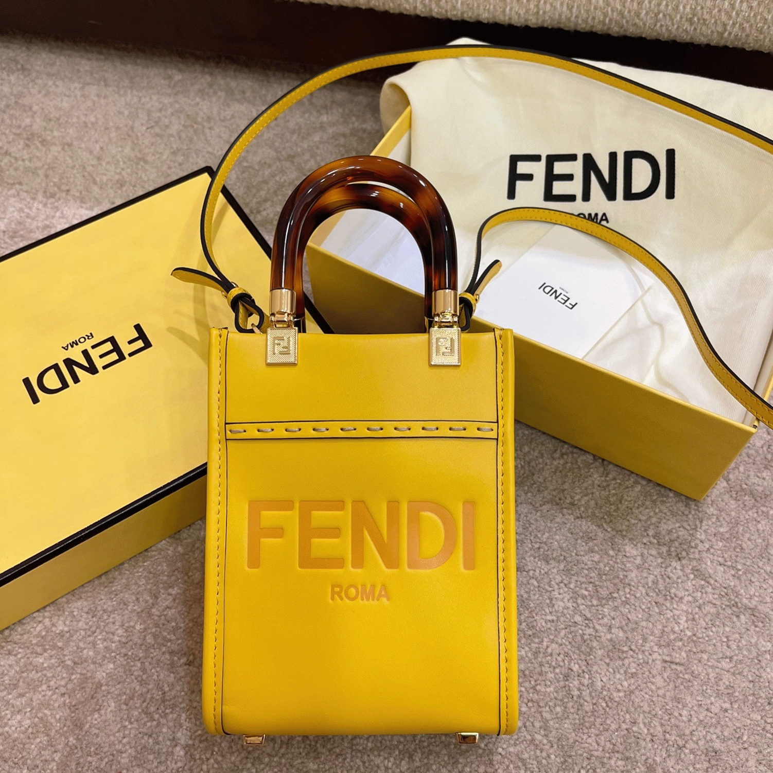 Top Quality Fake F**di Mini Sunshine Shopper Bag In Yellow Leather