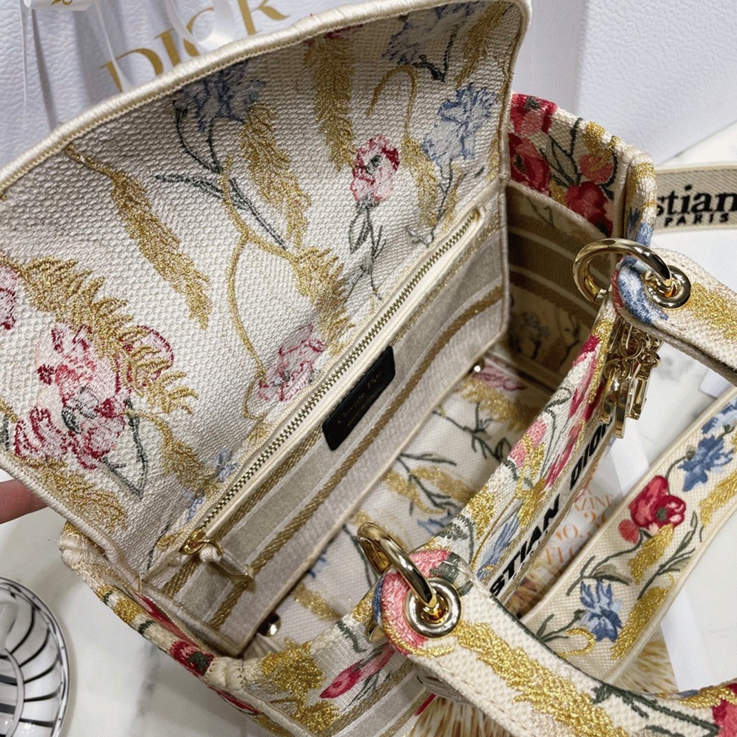 D10r Lady D-Lite Medium Bag Replica in Hibiscus Metallic Thread Embroidery